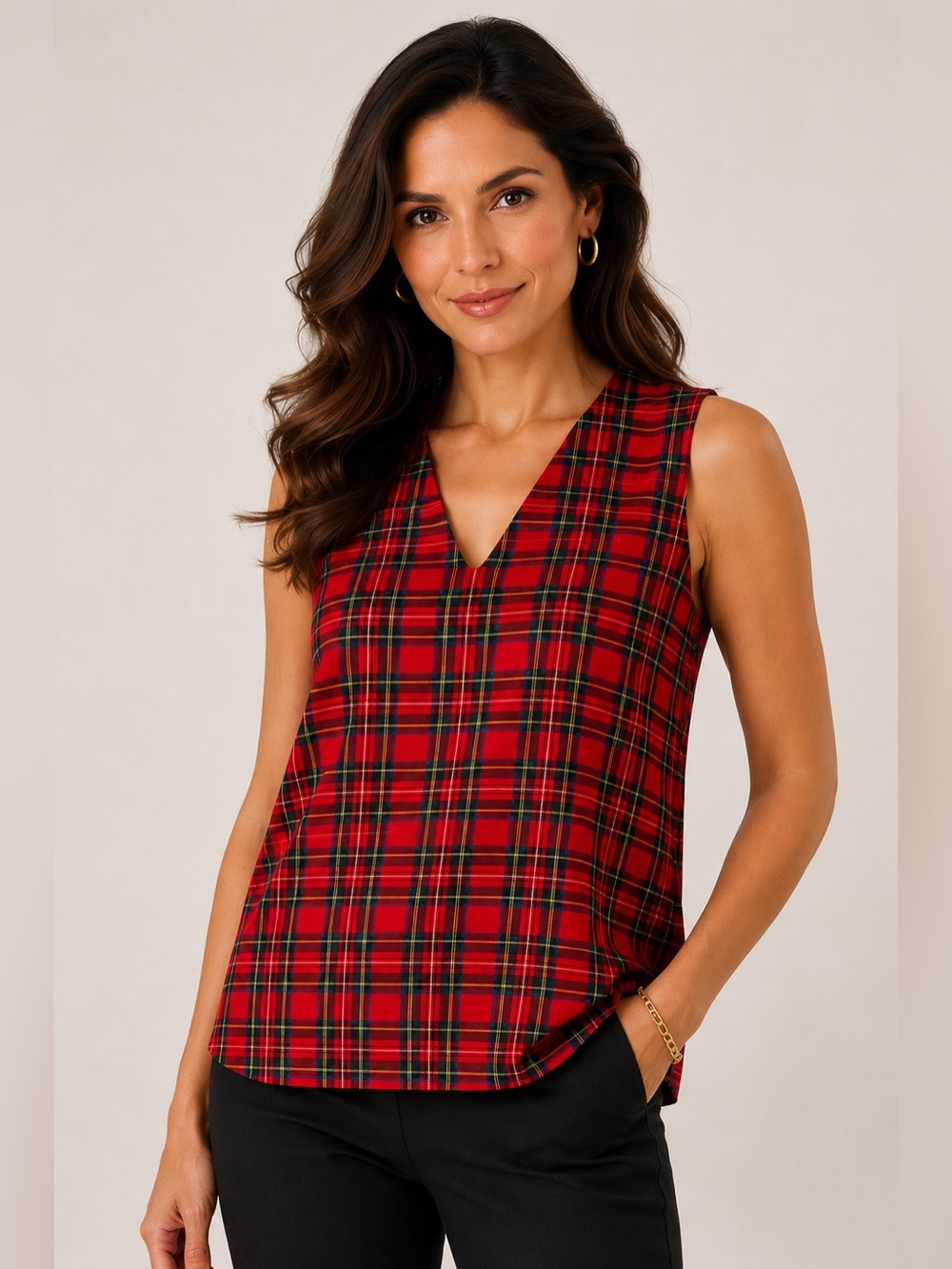J.Crew Red Plaid Sleeveless Blouse Size Large Classic Tartan V-Neck Top